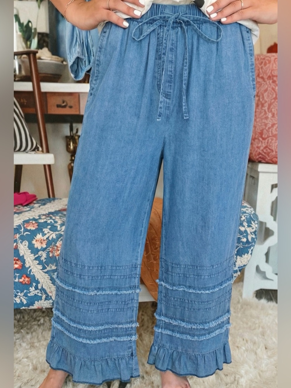 🩵Hello Gorgeous! Denim Wide-Leg Ruffle Hem Pants - Light Blue
